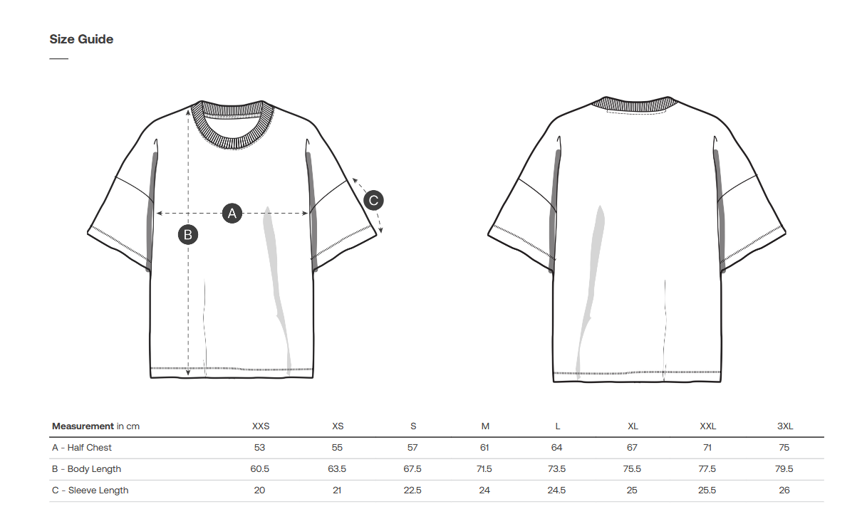 PIOT CLEAN size guide diagram showing measurements A, B and C